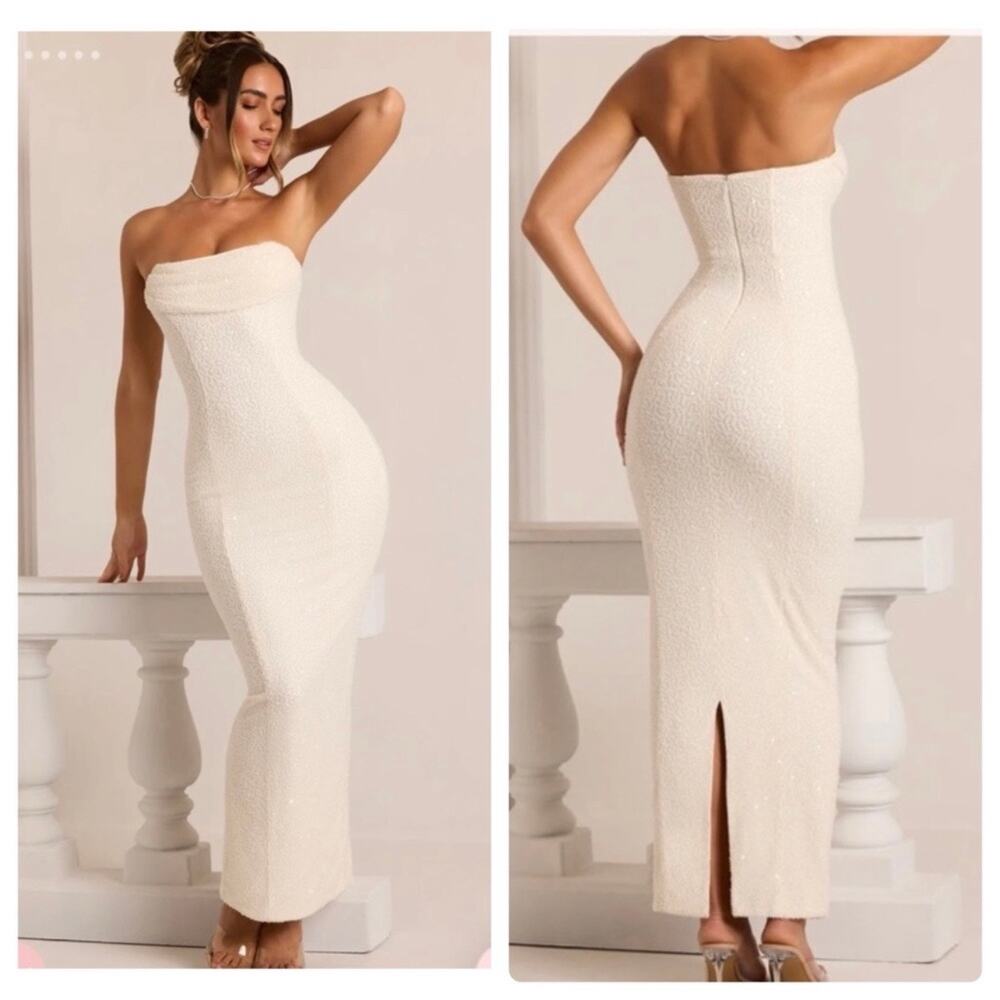 Oh Polly PALERMO Embellished Bandeau Cowl Neck Maxi Dress white size 10